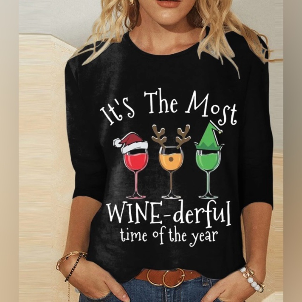 "It's The Most WINE-derful time of the year" Christmas  LS  Black T shirt Sz L